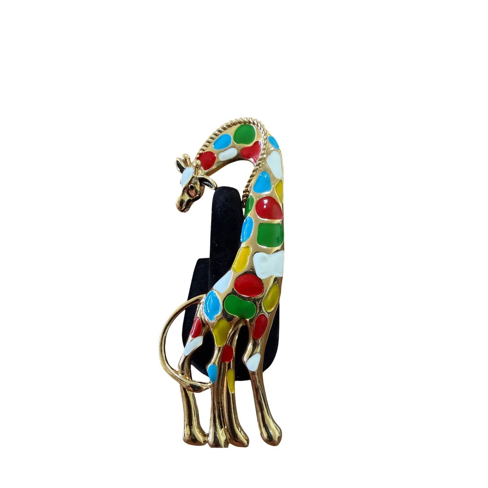 Vintage Multicolor Enamel Giraffe Brooch Gold Tone Pendant 4 Inch Statement bold